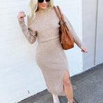 Bluivy Dresses Off Shoulder Side Slit Midi Knit Sweater Dress In Latte