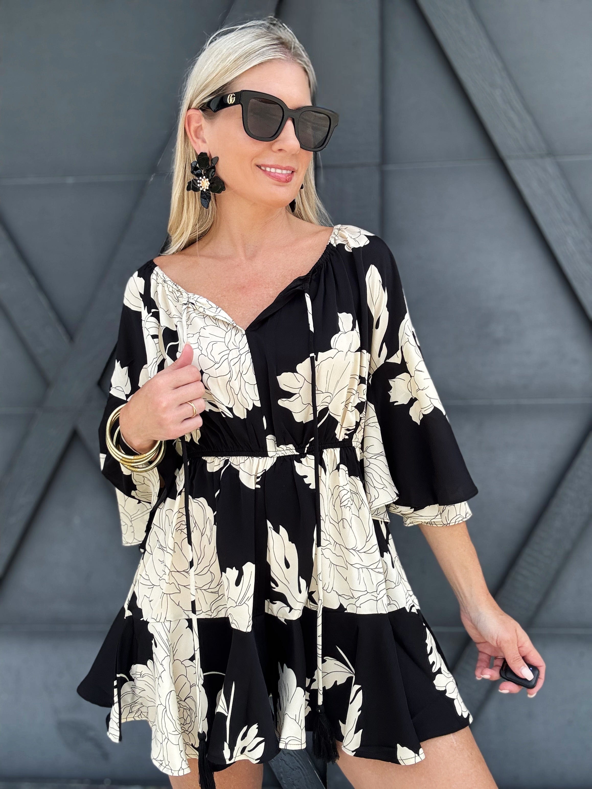 Floral Off Shoulder Bell Sleeved Romper In Black - Infinity Raine