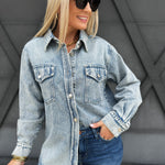 Washed Denim Shacket In Light Wash - Infinity Raine