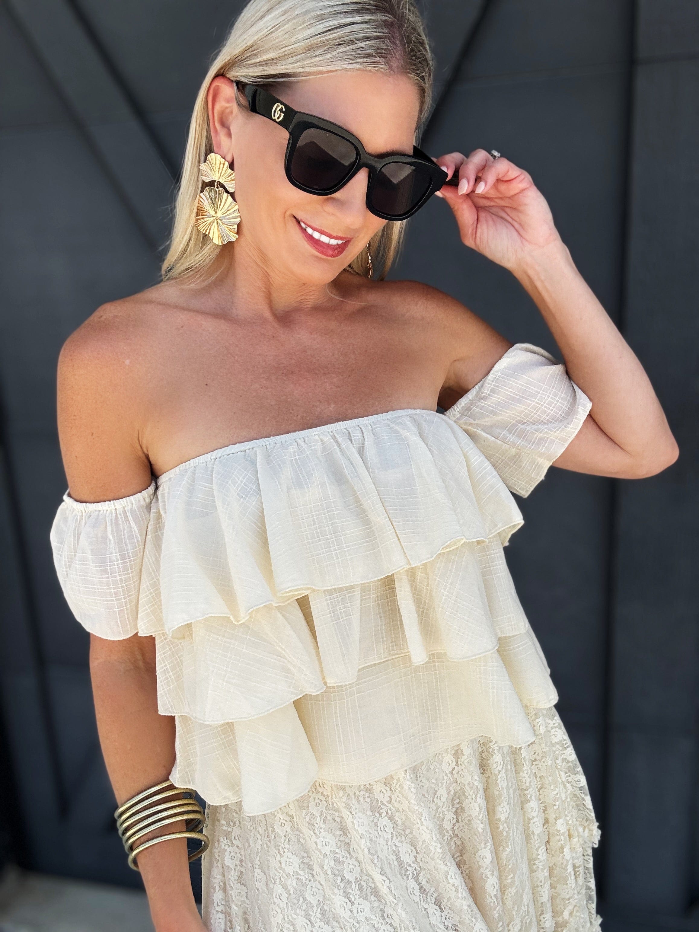 Off The Shoulder Tiered Crop Top Ecru - Infinity Raine