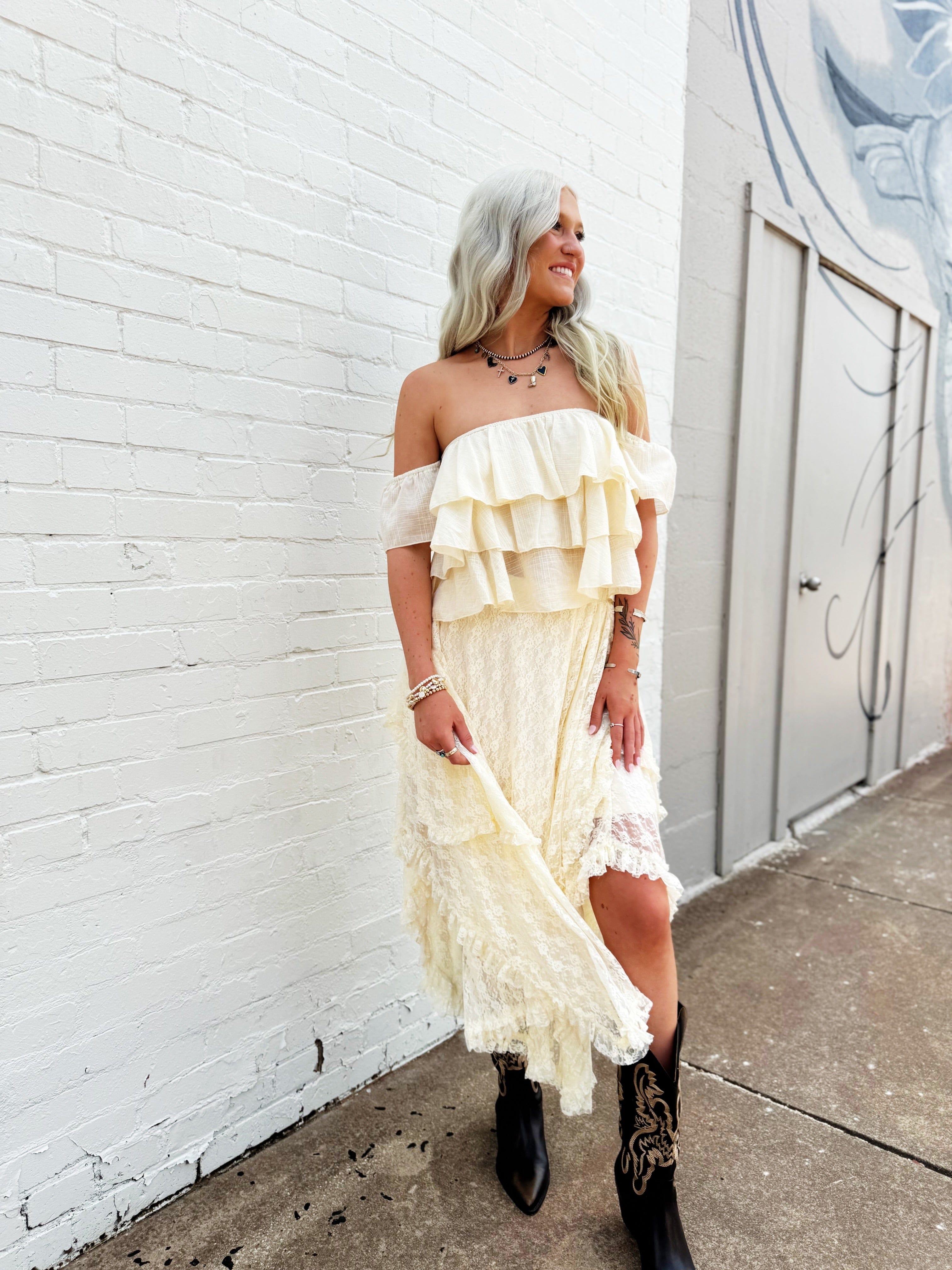 Off The Shoulder Tiered Crop Top Ecru - Infinity Raine