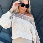 Boat Neck Lace Trimmed Knit Sweater In Ecru - Infinity Raine
