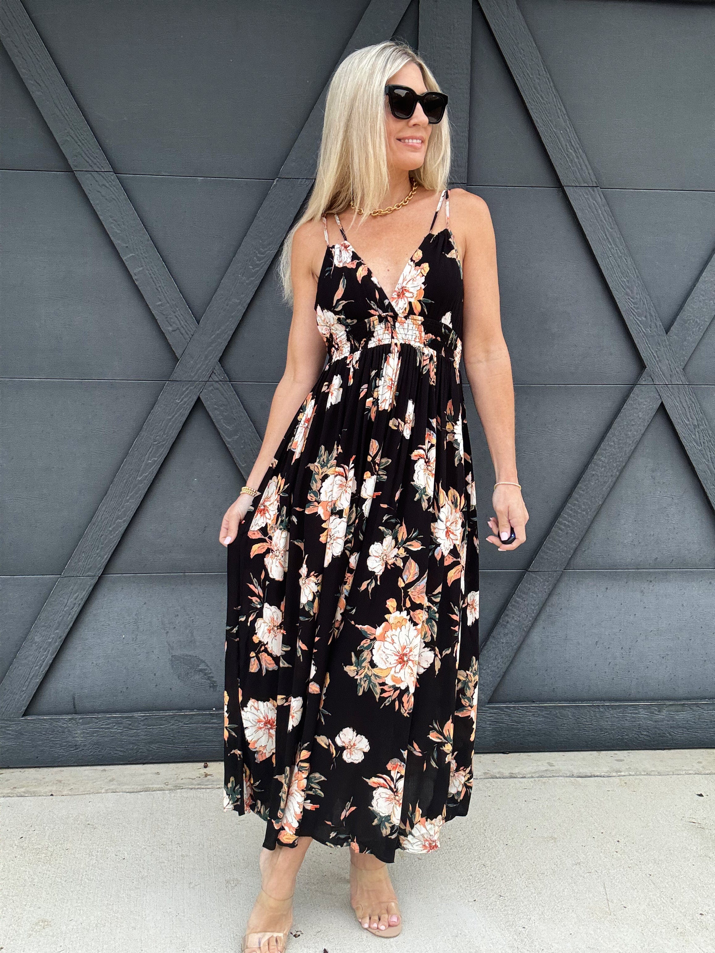 Blush BJ Dresses Floral Smocked Maxi Dress In Black
