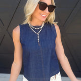Boat Neck Back Button Sleeveless Denim Top In Dark - Infinity Raine