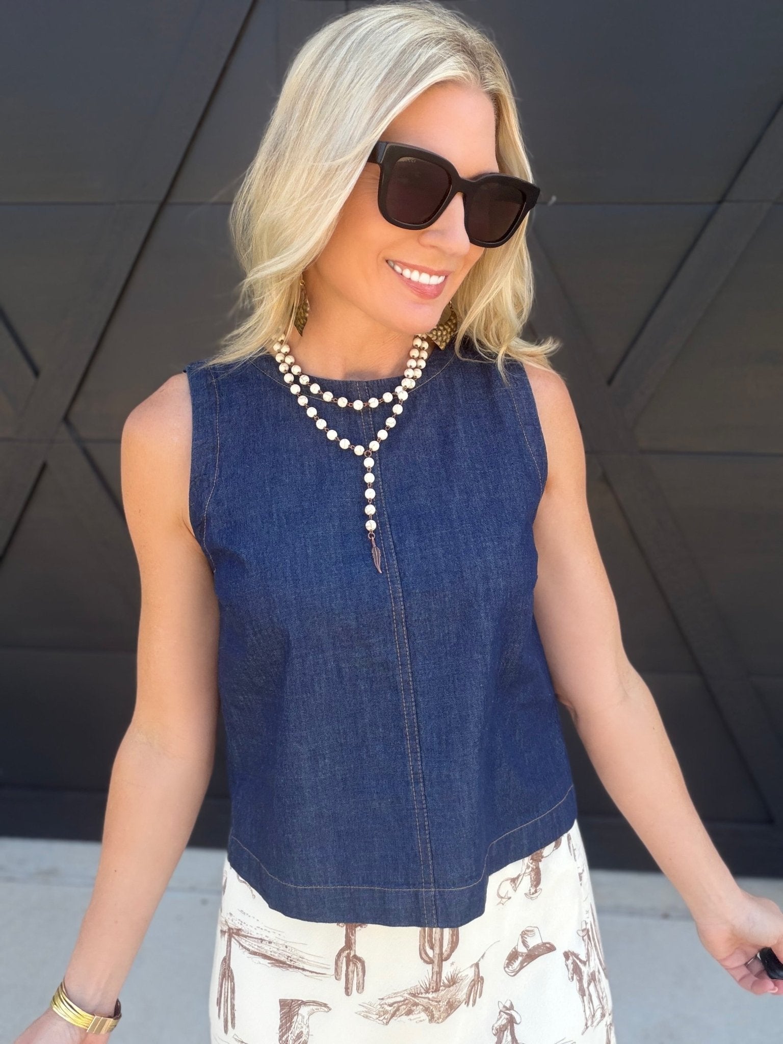 Boat Neck Back Button Sleeveless Denim Top In Dark - Infinity Raine