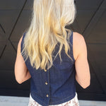 Boat Neck Back Button Sleeveless Denim Top In Dark - Infinity Raine