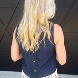 Boat Neck Back Button Sleeveless Denim Top In Dark - Infinity Raine
