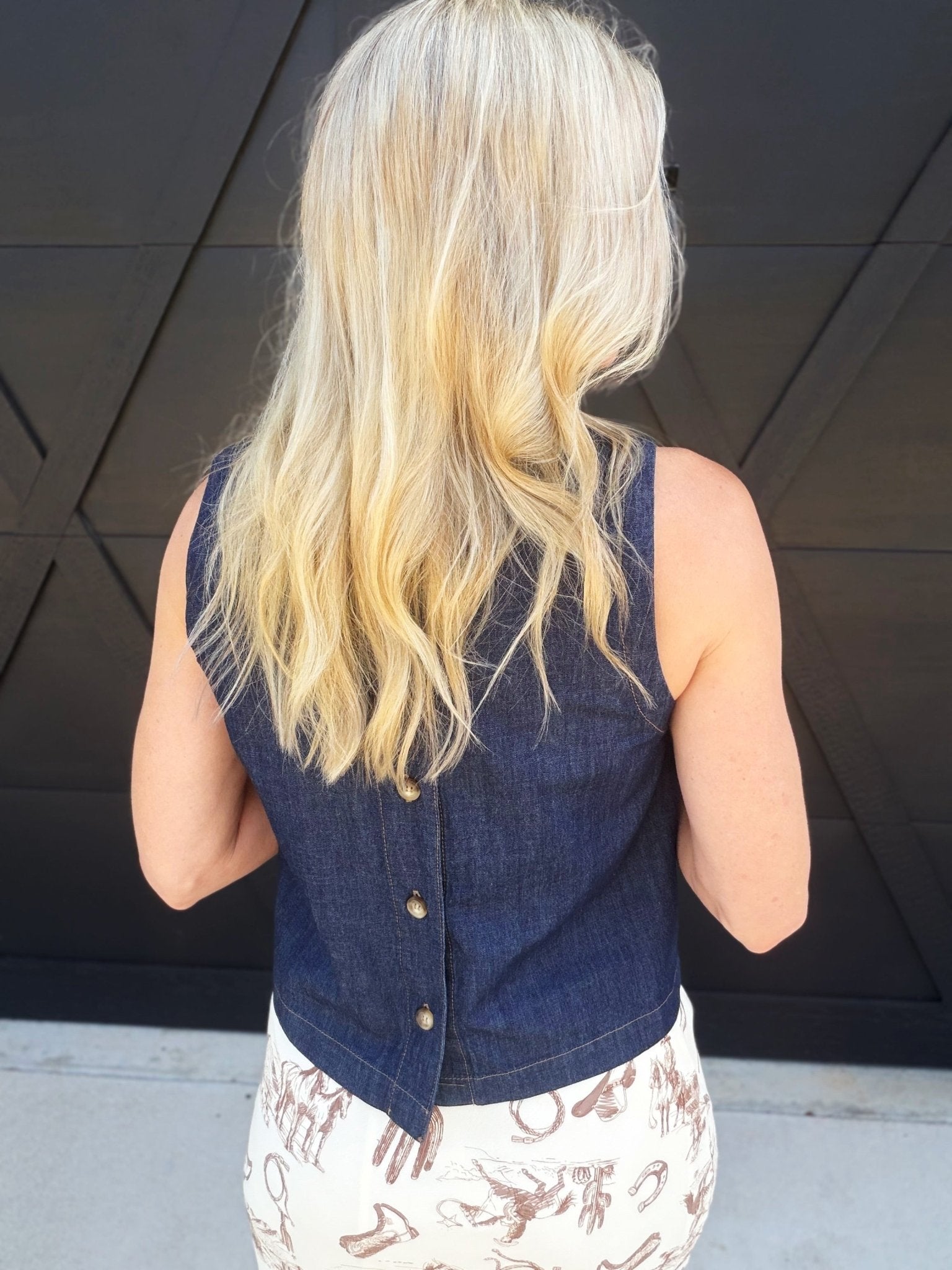 Boat Neck Back Button Sleeveless Denim Top In Dark - Infinity Raine
