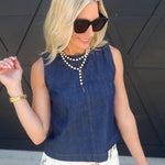 Boat Neck Back Button Sleeveless Denim Top In Dark - Infinity Raine