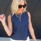 Boat Neck Back Button Sleeveless Denim Top In Dark - Infinity Raine