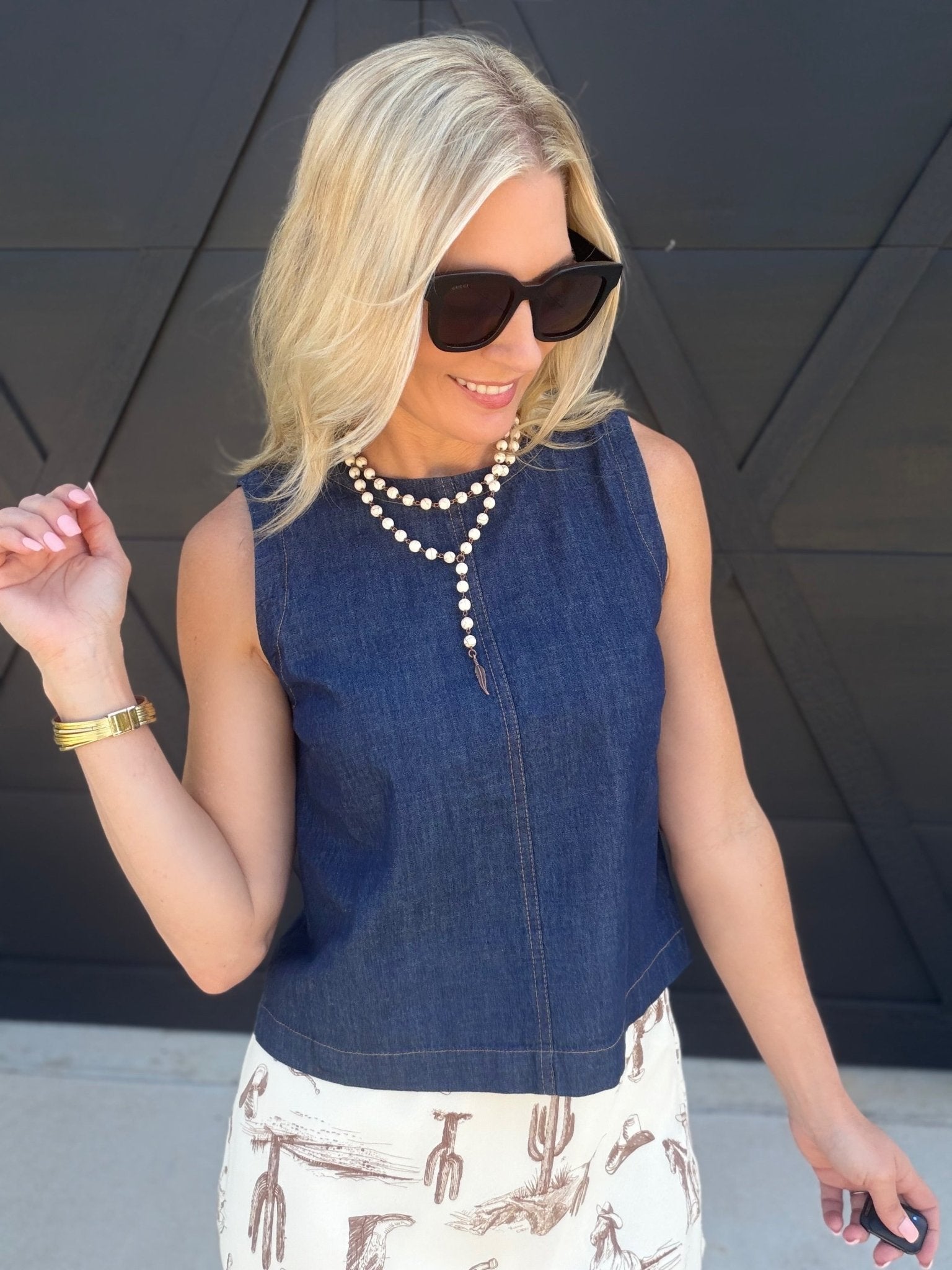 Boat Neck Back Button Sleeveless Denim Top In Dark - Infinity Raine