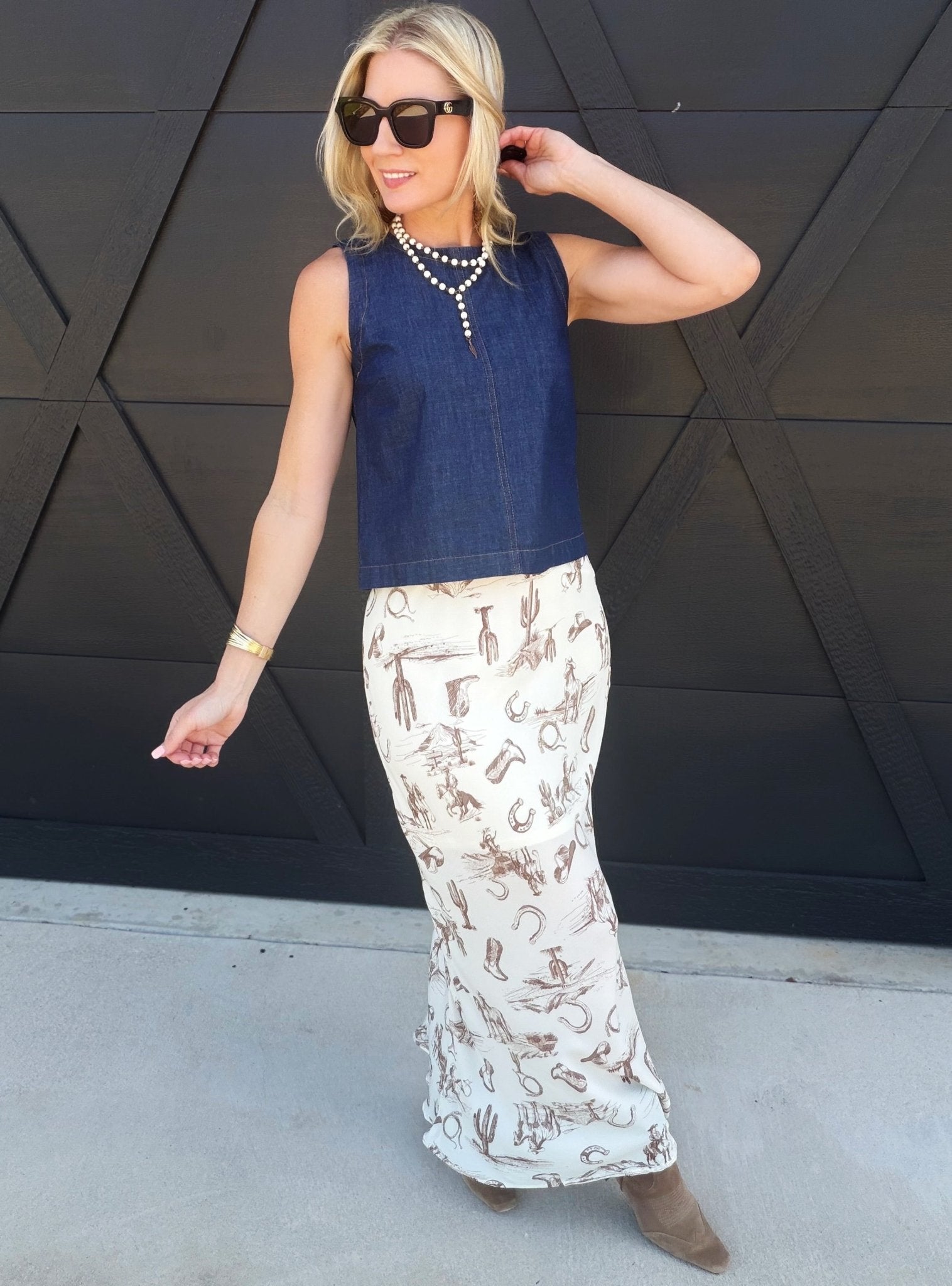 Boat Neck Back Button Sleeveless Denim Top In Dark - Infinity Raine