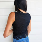 Boat Neck Lace Sleeveless Ruched Side Knit Top In Black - Infinity Raine