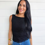 Boat Neck Lace Sleeveless Ruched Side Knit Top In Black - Infinity Raine