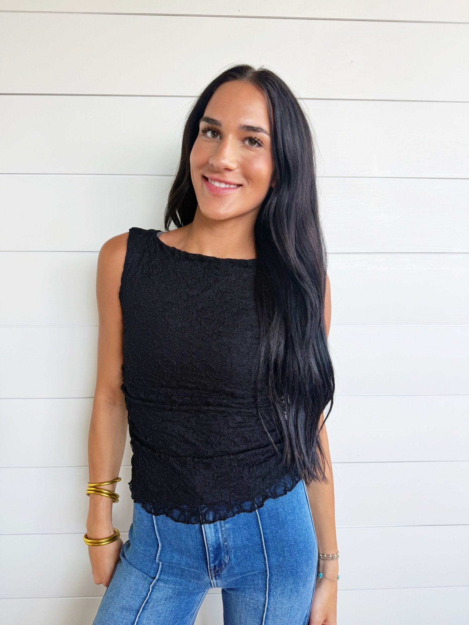 Boat Neck Lace Sleeveless Ruched Side Knit Top In Black - Infinity Raine