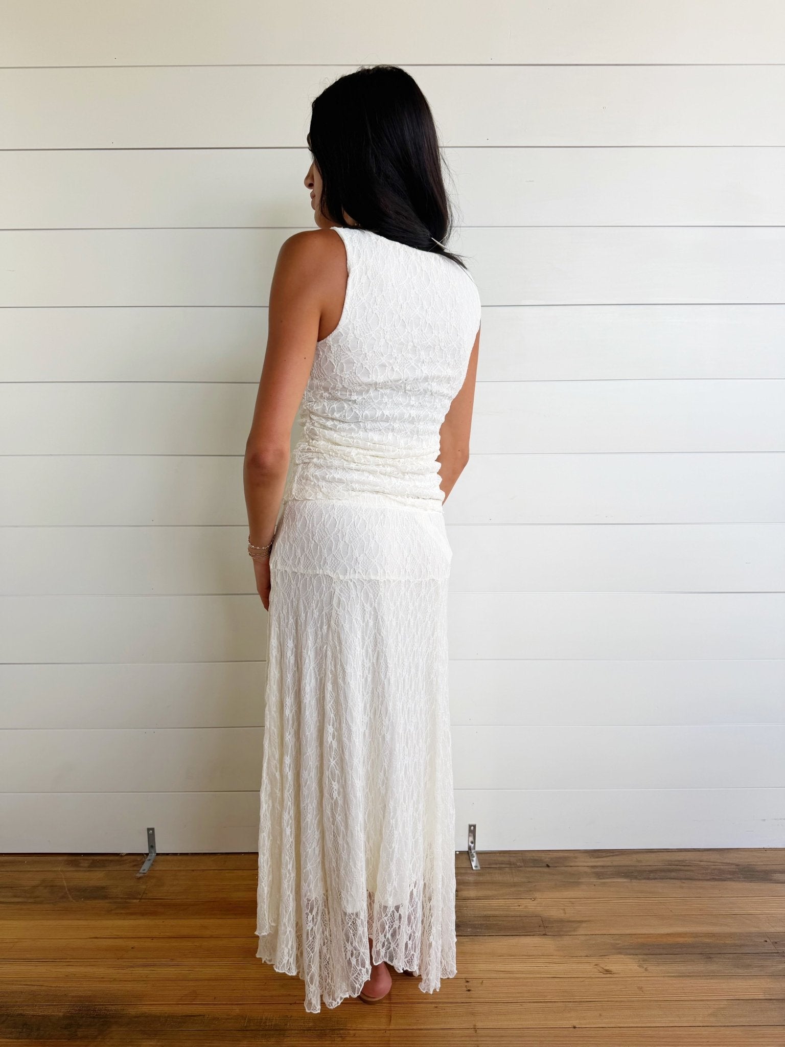 Boat Neck Lace Sleeveless Ruched Side Knit Top in Cream - Infinity Raine