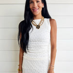 Boat Neck Lace Sleeveless Ruched Side Knit Top in Cream - Infinity Raine