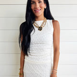 Boat Neck Lace Sleeveless Ruched Side Knit Top in Cream - Infinity Raine