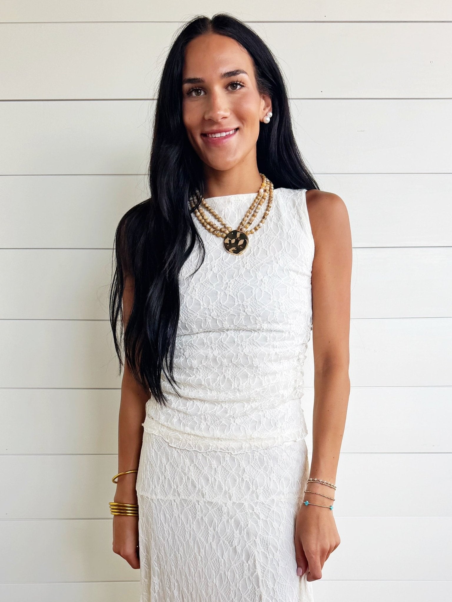 Boat Neck Lace Sleeveless Ruched Side Knit Top in Cream - Infinity Raine