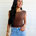Boat Neck Ruched Sides Short Sleeve Knit Top In Brown - Infinity Raine