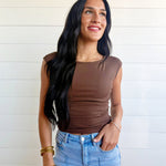 Boat Neck Ruched Sides Short Sleeve Knit Top In Brown - Infinity Raine