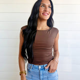 Boat Neck Ruched Sides Short Sleeve Knit Top In Brown - Infinity Raine