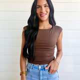 Boat Neck Ruched Sides Short Sleeve Knit Top In Brown - Infinity Raine