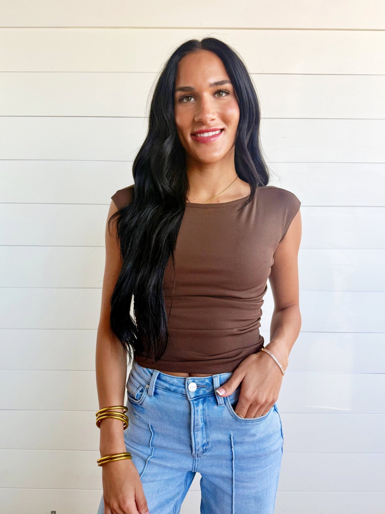 Boat Neck Ruched Sides Short Sleeve Knit Top In Brown - Infinity Raine