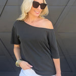 Boat Neck Short Sleeve Basic Tee in Black - Infinity Raine
