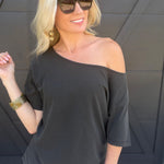 Boat Neck Short Sleeve Basic Tee in Black - Infinity Raine