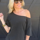 Boat Neck Short Sleeve Basic Tee in Black - Infinity Raine