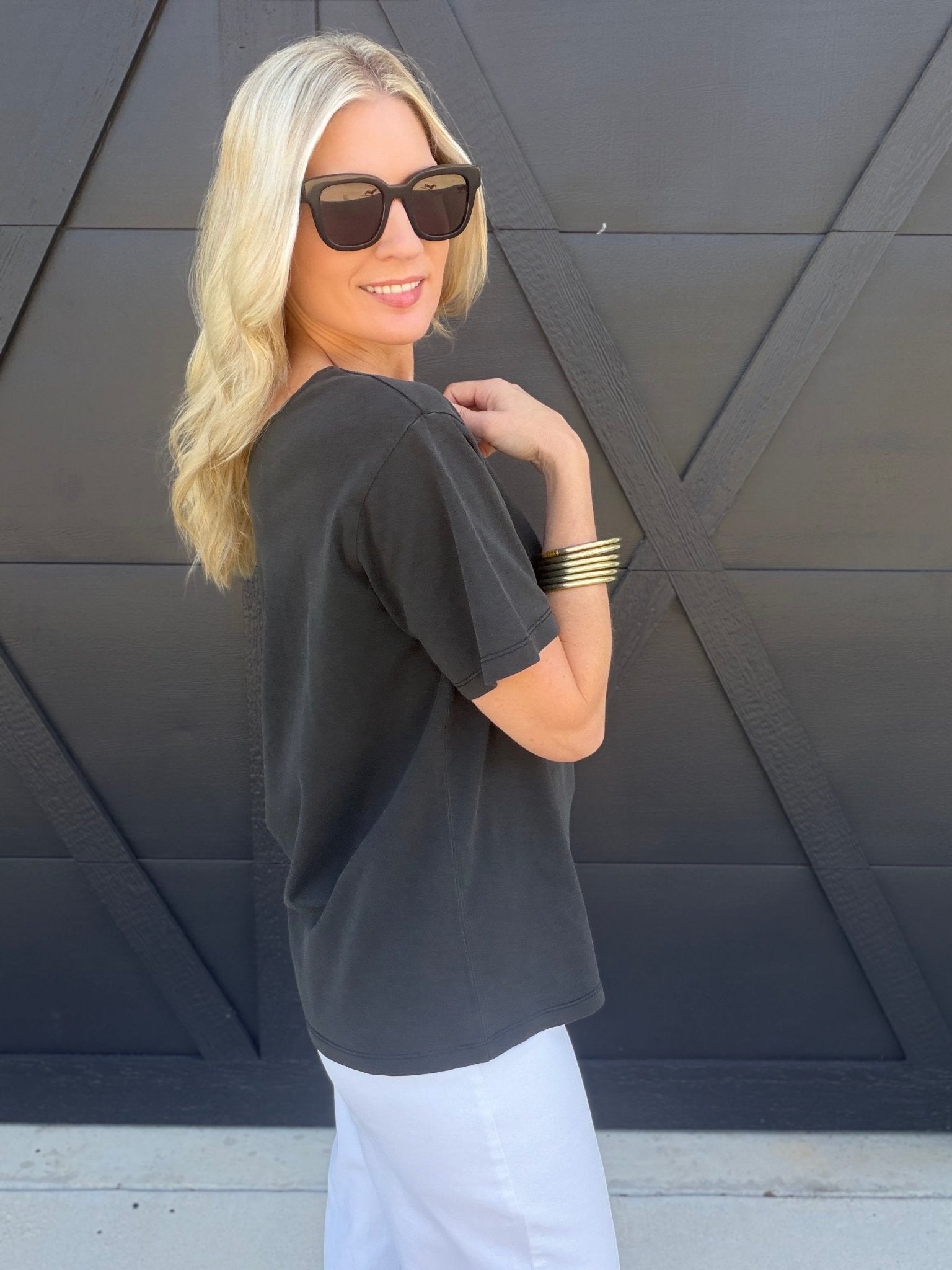 Boat Neck Short Sleeve Basic Tee in Black - Infinity Raine