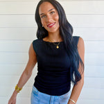 Boat Neck Sleeveless Ruched Side Textured Knit Top In Black - Infinity Raine