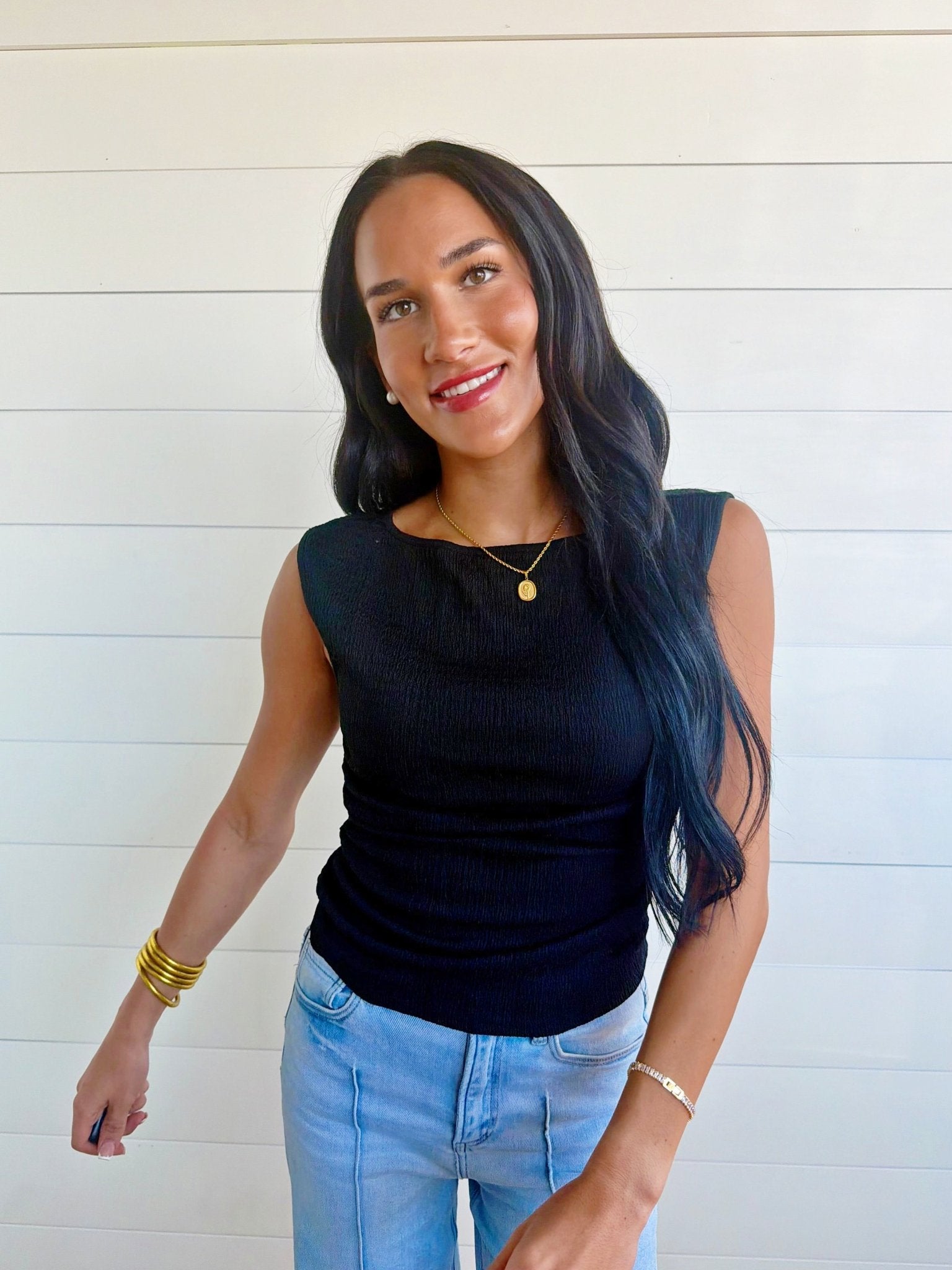 Boat Neck Sleeveless Ruched Side Textured Knit Top In Black - Infinity Raine
