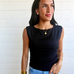 Boat Neck Sleeveless Ruched Side Textured Knit Top In Black - Infinity Raine