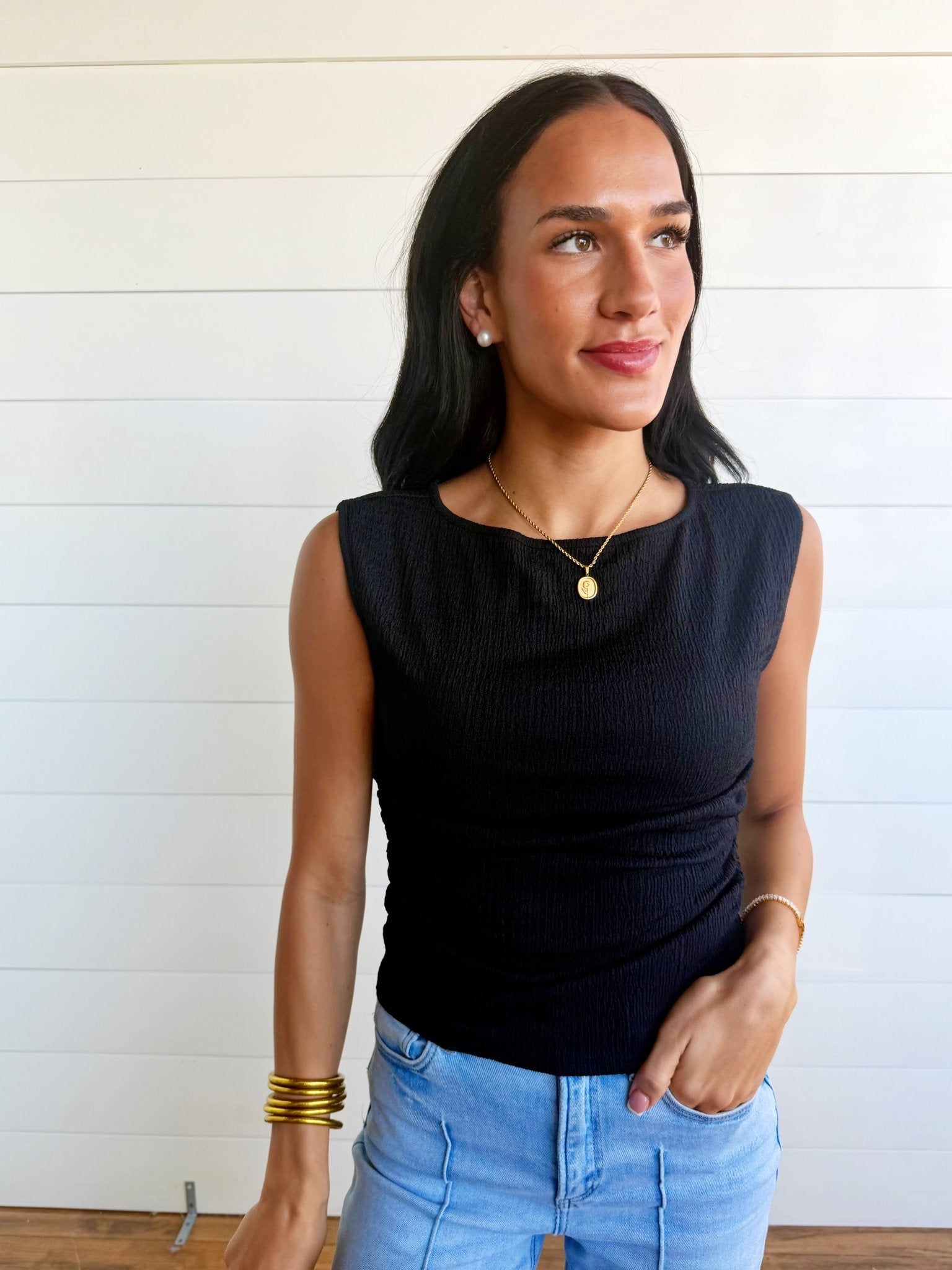 Boat Neck Sleeveless Ruched Side Textured Knit Top In Black - Infinity Raine