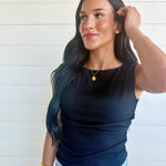 Boat Neck Sleeveless Ruched Side Textured Knit Top In Black - Infinity Raine