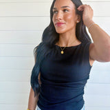 Boat Neck Sleeveless Ruched Side Textured Knit Top In Black - Infinity Raine