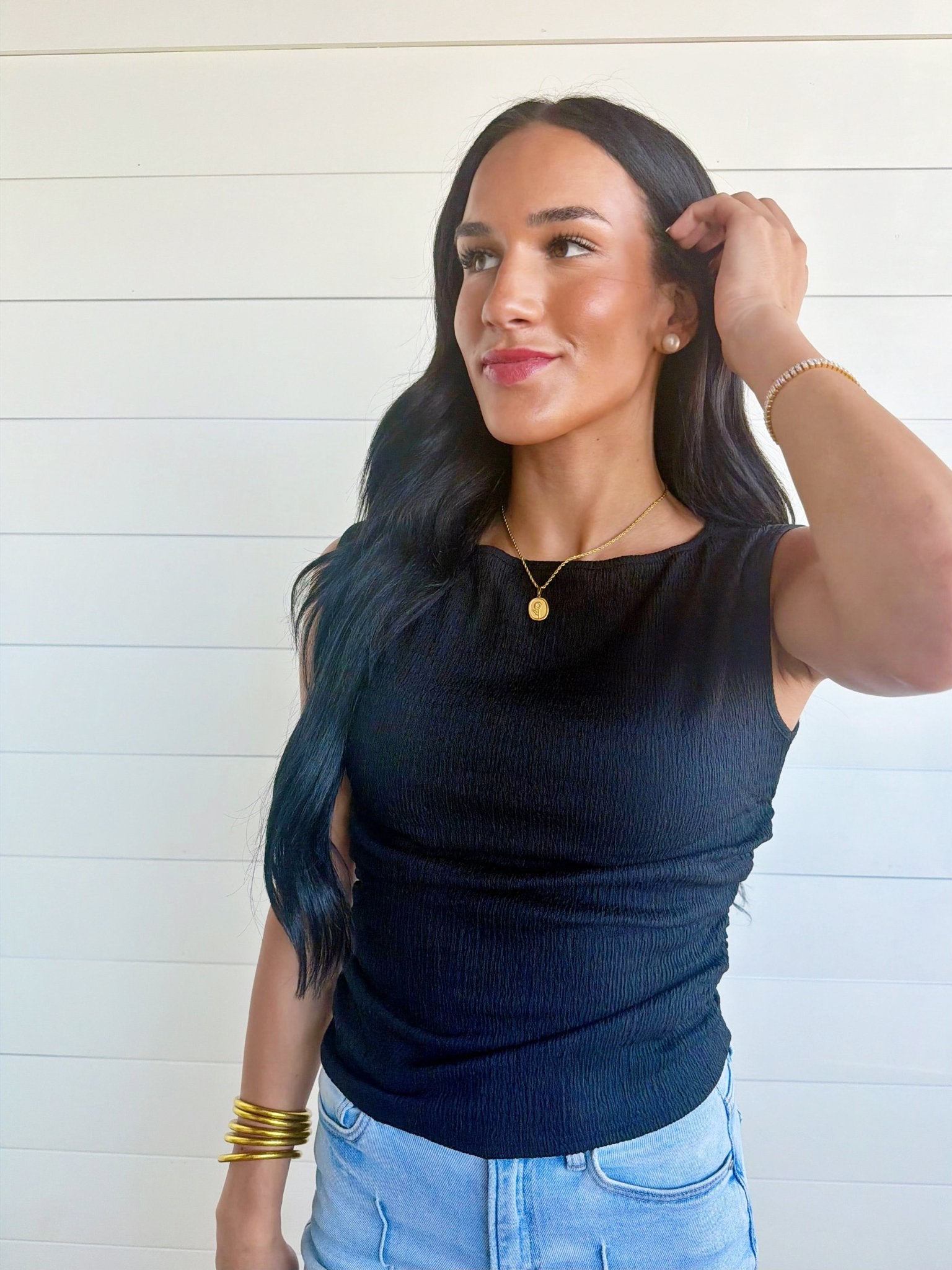 Boat Neck Sleeveless Ruched Side Textured Knit Top In Black - Infinity Raine