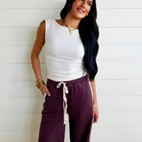 Boat Neck Sleeveless Ruched Side Textured Knit Top In Cream - Infinity Raine