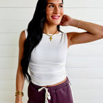 Boat Neck Sleeveless Ruched Side Textured Knit Top In Cream - Infinity Raine