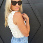 Boat Neck Sleeveless Ruched Side Textured Knit Top In Cream - Infinity Raine