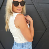 Boat Neck Sleeveless Ruched Side Textured Knit Top In Cream - Infinity Raine