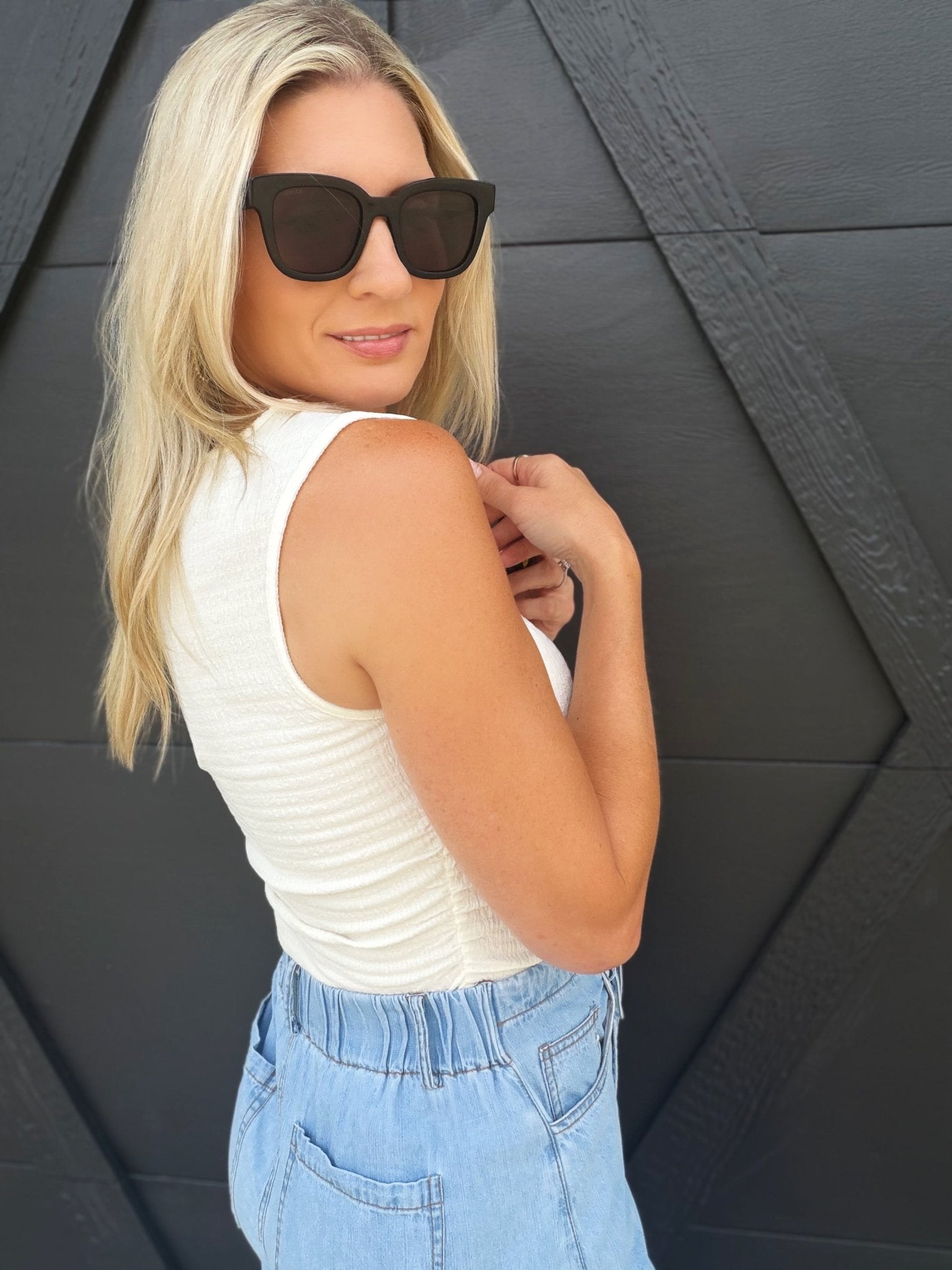 Boat Neck Sleeveless Ruched Side Textured Knit Top In Cream - Infinity Raine