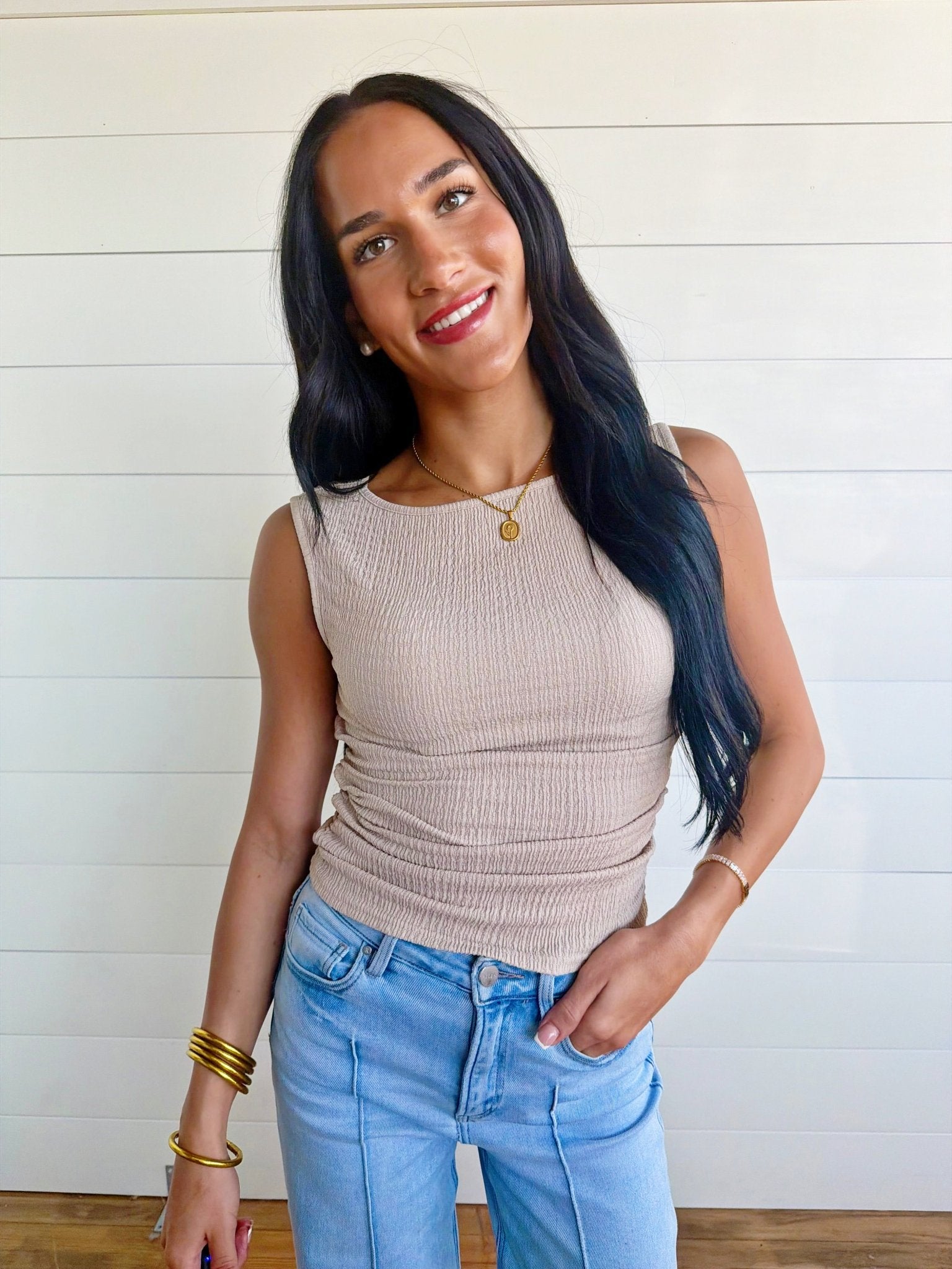 Boat Neck Sleeveless Ruched Side Textured Knit Top In Taupe - Infinity Raine