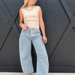 Boat Neck Sleeveless Ruched Side Textured Knit Top In Taupe - Infinity Raine