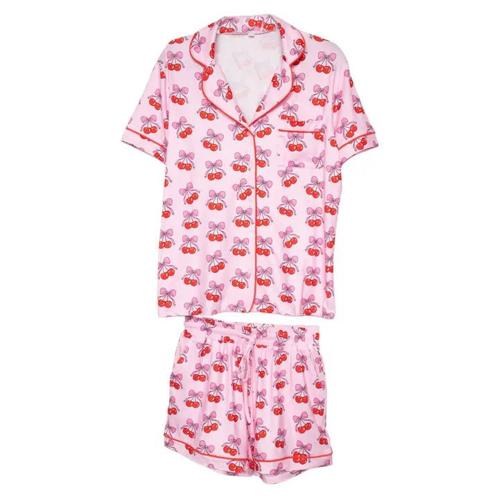 Bow and Cherry Loungewear Short Set In Pink - Infinity Raine