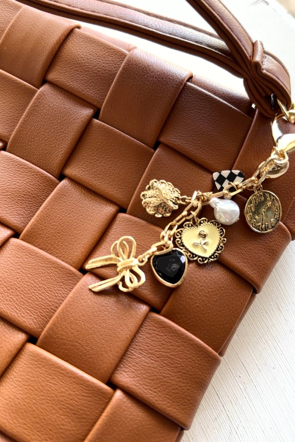 Bow Checker Heart Flower Bag Charm In Gold - Infinity Raine