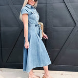 Button-Down Dress with Belted Waist In Denium - Infinity Raine