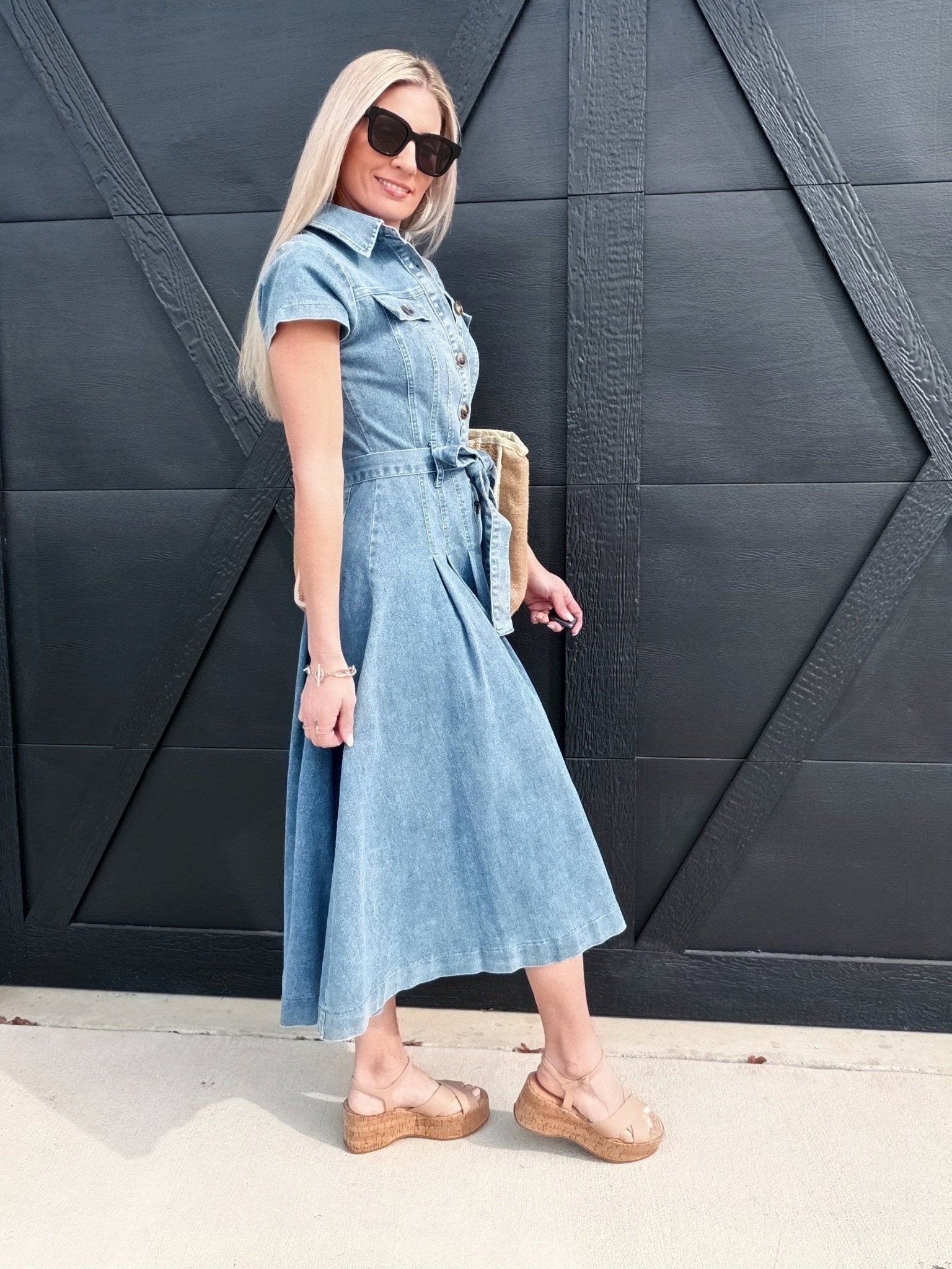 Button-Down Dress with Belted Waist In Denium - Infinity Raine